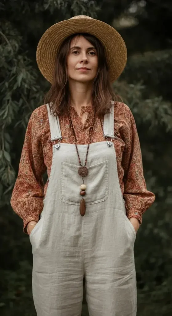 Linen Overalls with Printed Blouse