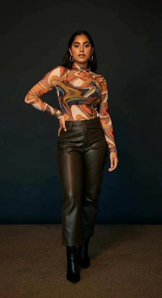 Printed Mesh Top with Leather Pants