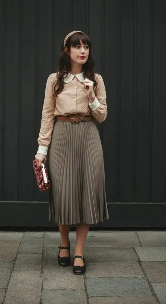 Midi Pleated Skirt and Blouse Combination
