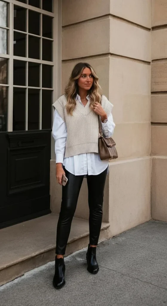 Leather Leggings with Oversized Sweater Vest
