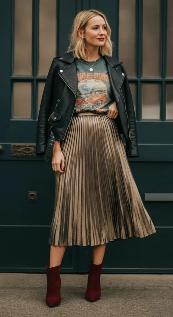 Metallic Pleated Skirt with Graphic Tee