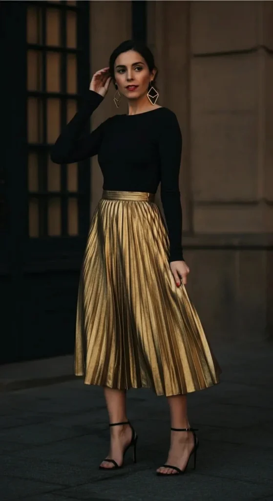 Metallic Pleated Skirt and Bodysuit