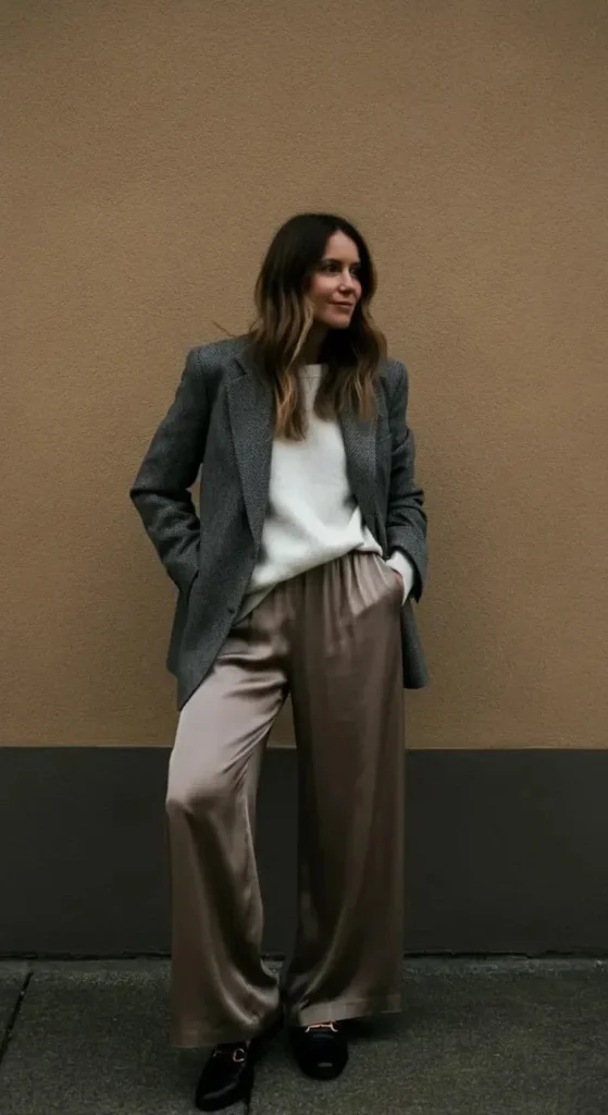 Herringbone Blazer and Silk Pants