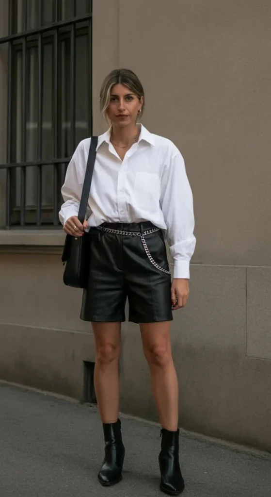 Oversized Button-Down and Leather Shorts