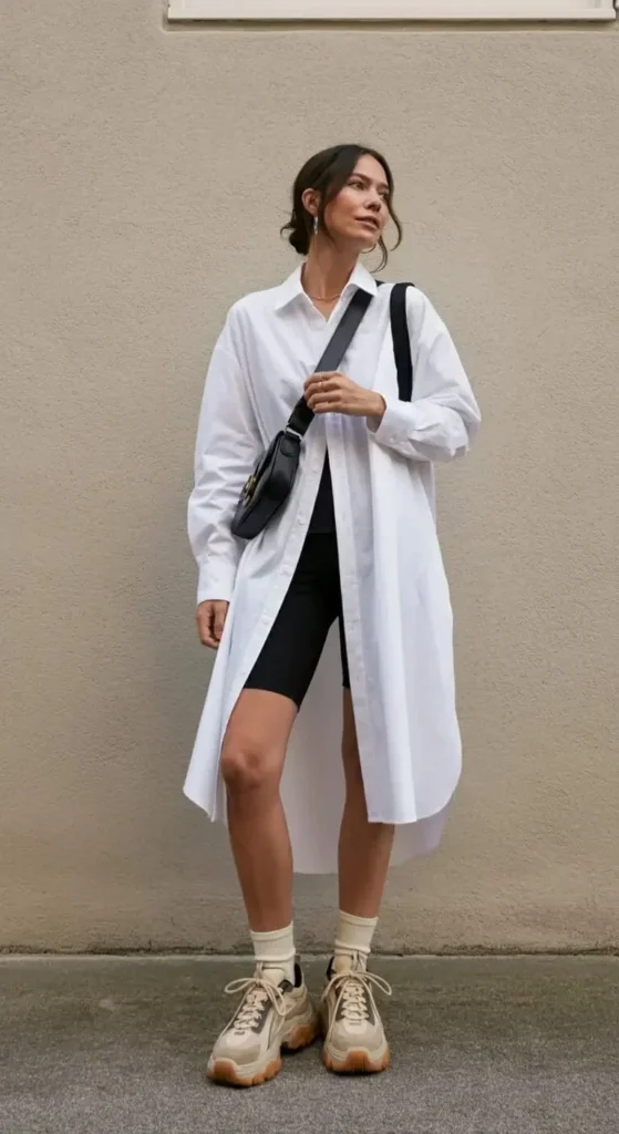 Oversized Shirt Dress with Bike Shorts