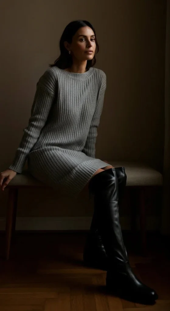 Sweater Dress with Leather Boots