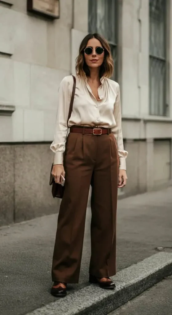 High-Waisted Wide Leg Trousers with Tucked Blouse