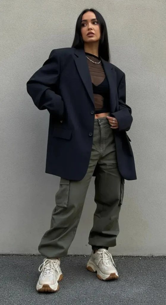 Oversized Blazer with Mesh Top and Cargo Pants