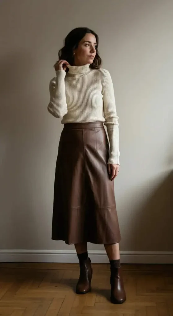 Ribbed Turtleneck with Leather Midi Skirt

