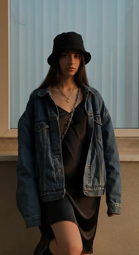 Oversized Denim Jacket and Slip Dress