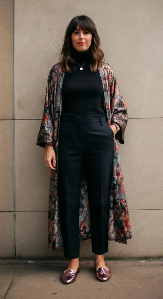 Printed Maxi Kimono with Monochrome Base